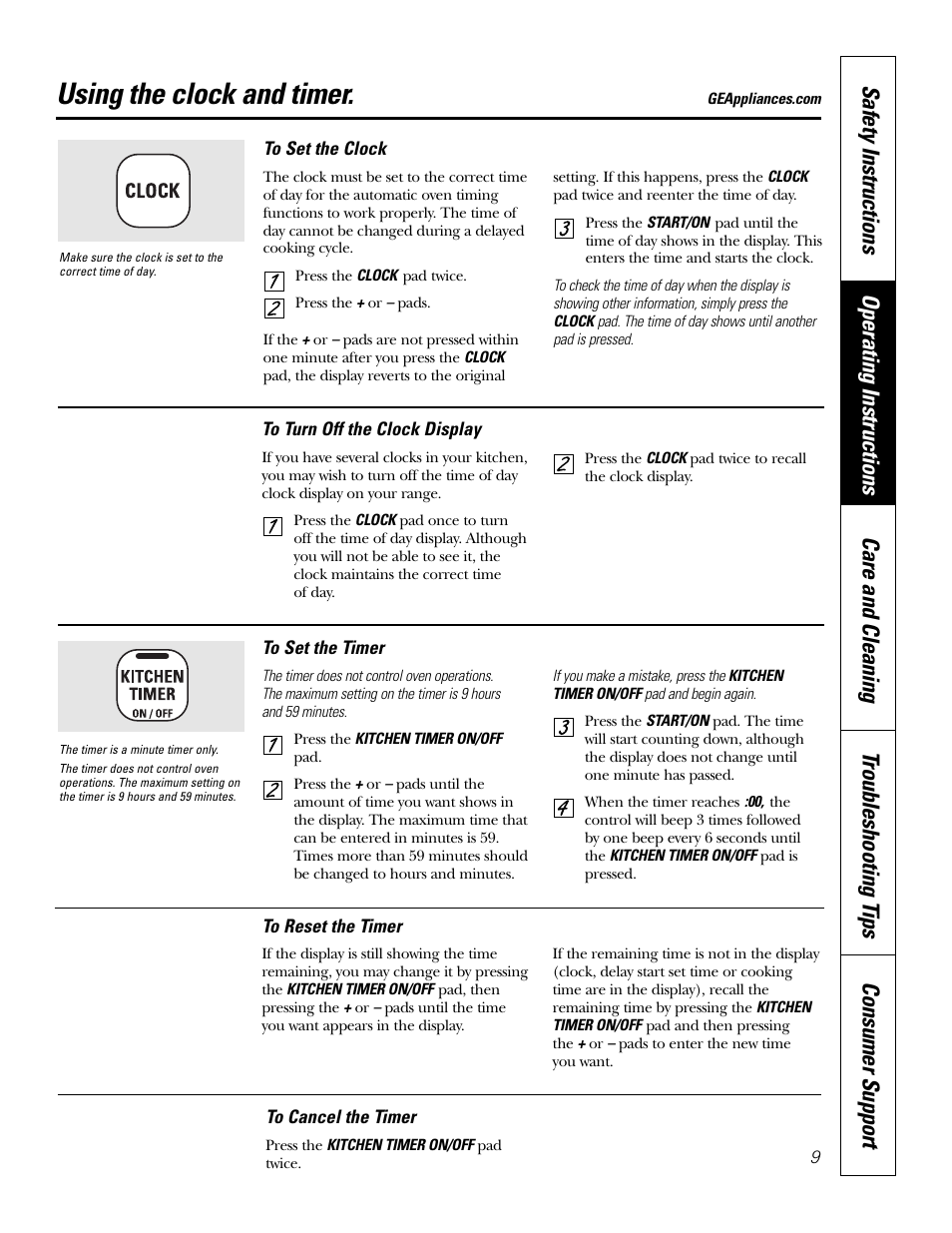 Clock and timer, Using the clock and timer | GE JKS1027 User Manual | Page 9 / 44