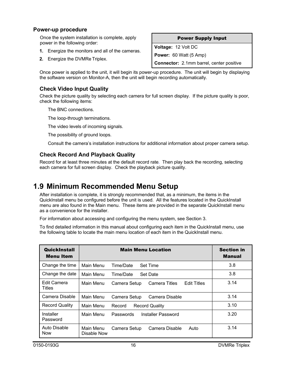 9 minimum recommended menu setup | GE Security DVMRe Triplex 0150-0193G User Manual | Page 16 / 94