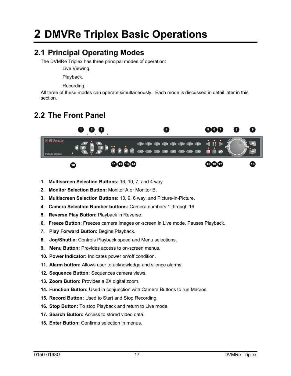 Dmvre triplex basic operations, 1 principal operating modes, 2 the front panel | GE Security DVMRe Triplex 0150-0193G User Manual | Page 17 / 94