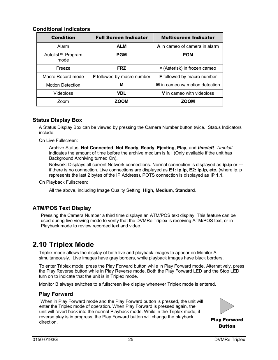 10 triplex mode | GE Security DVMRe Triplex 0150-0193G User Manual | Page 25 / 94