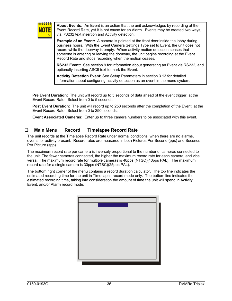 Qmain menu → record → timelapse record rate | GE Security DVMRe Triplex 0150-0193G User Manual | Page 36 / 94