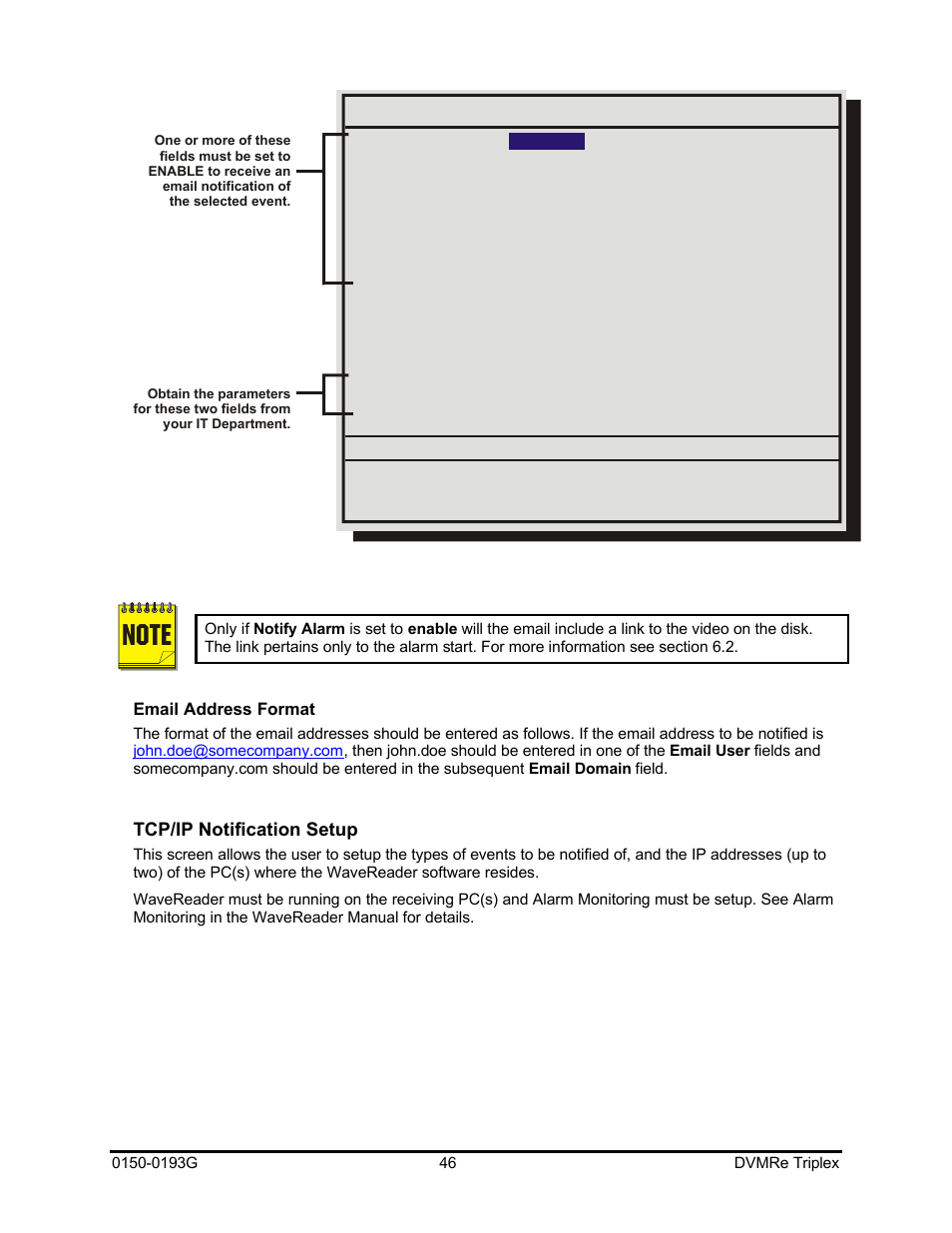 Tcp/ip notification setup, Email address format | GE Security DVMRe Triplex 0150-0193G User Manual | Page 46 / 94