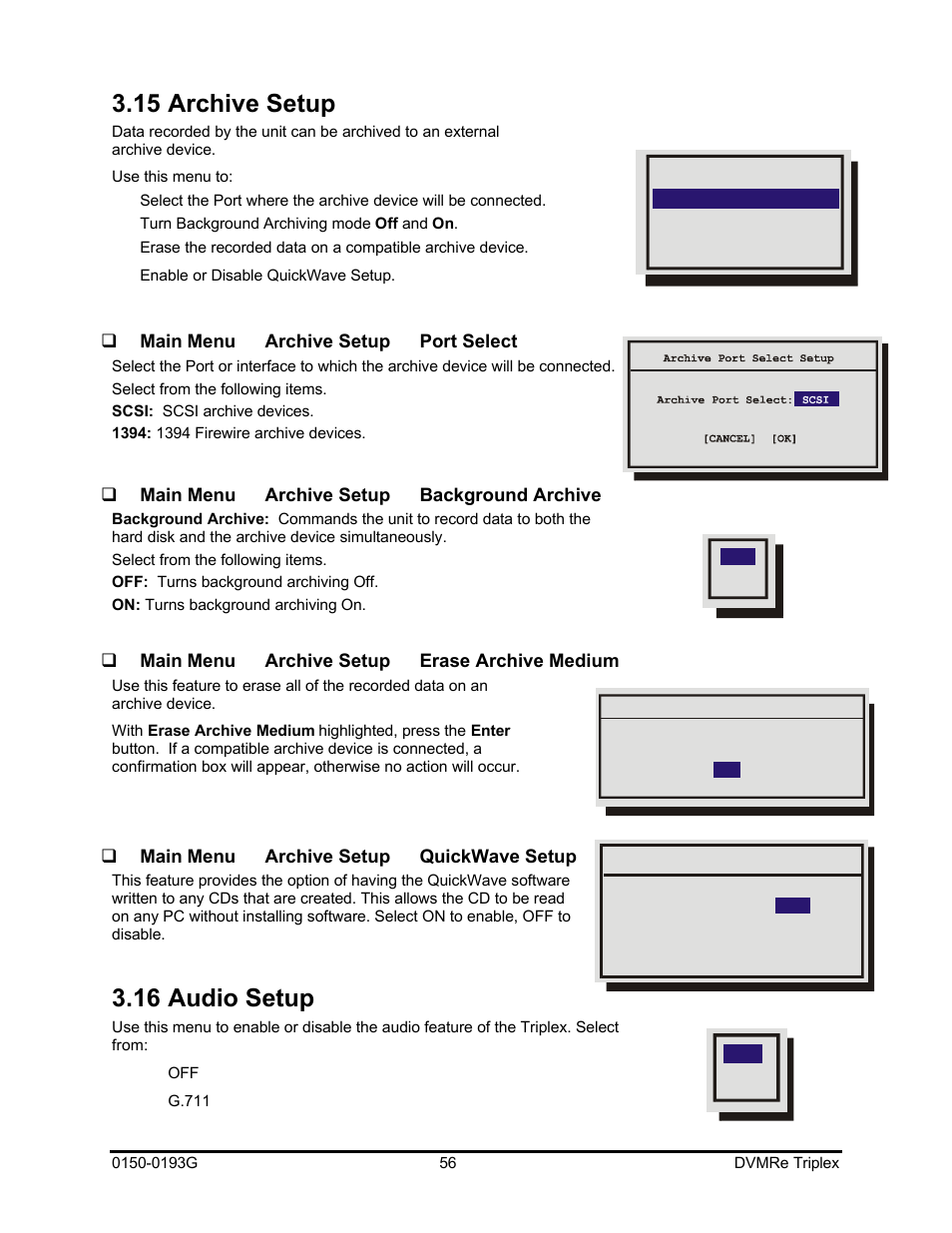 15 archive setup, 16 audio setup | GE Security DVMRe Triplex 0150-0193G User Manual | Page 56 / 94