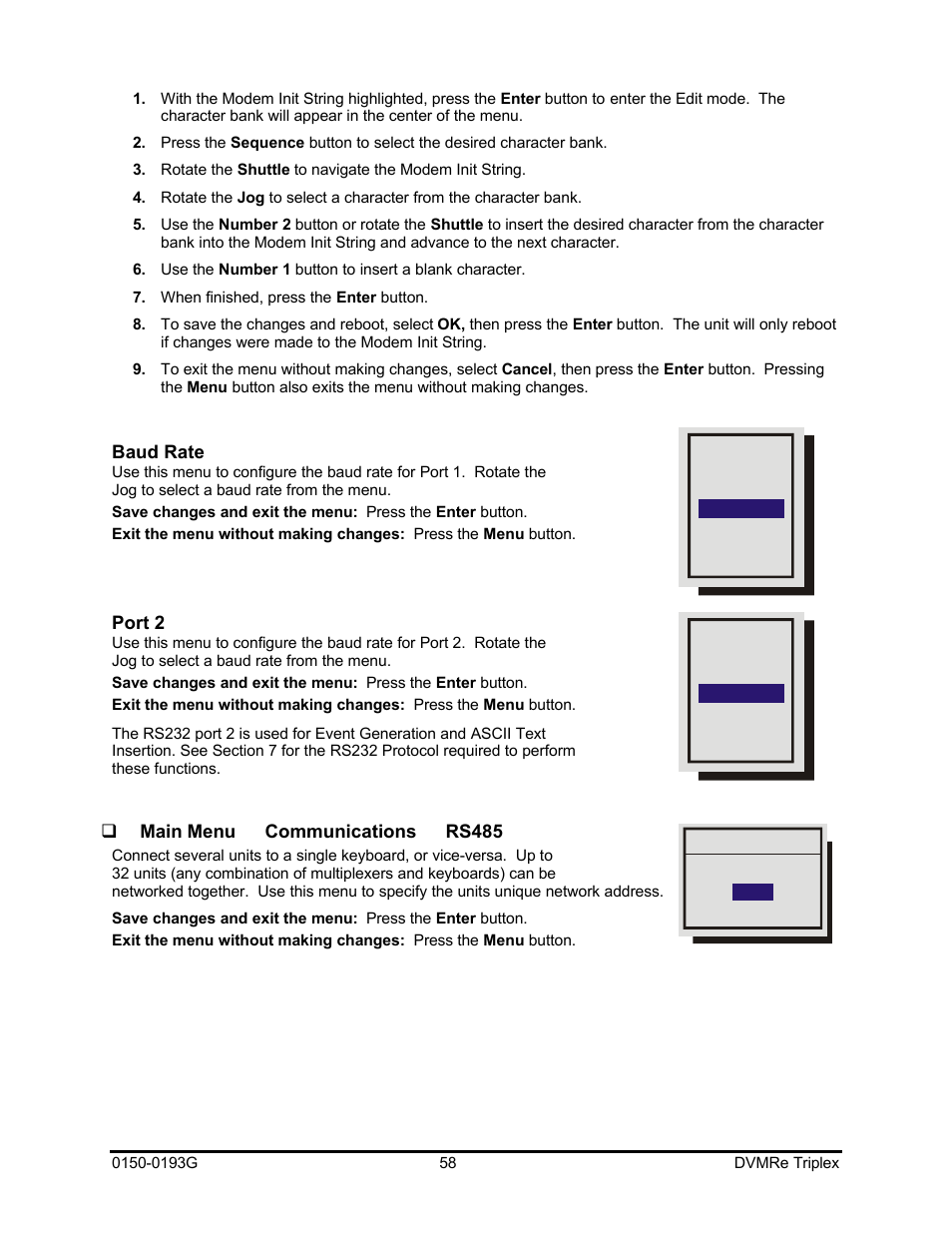 Baud rate, Port 2, Qmain menu → communications → rs485 | GE Security DVMRe Triplex 0150-0193G User Manual | Page 58 / 94