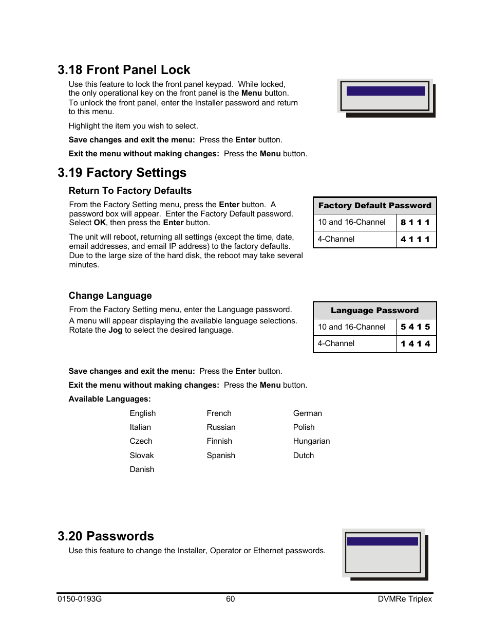 18 front panel lock, 19 factory settings, 20 passwords | GE Security DVMRe Triplex 0150-0193G User Manual | Page 60 / 94