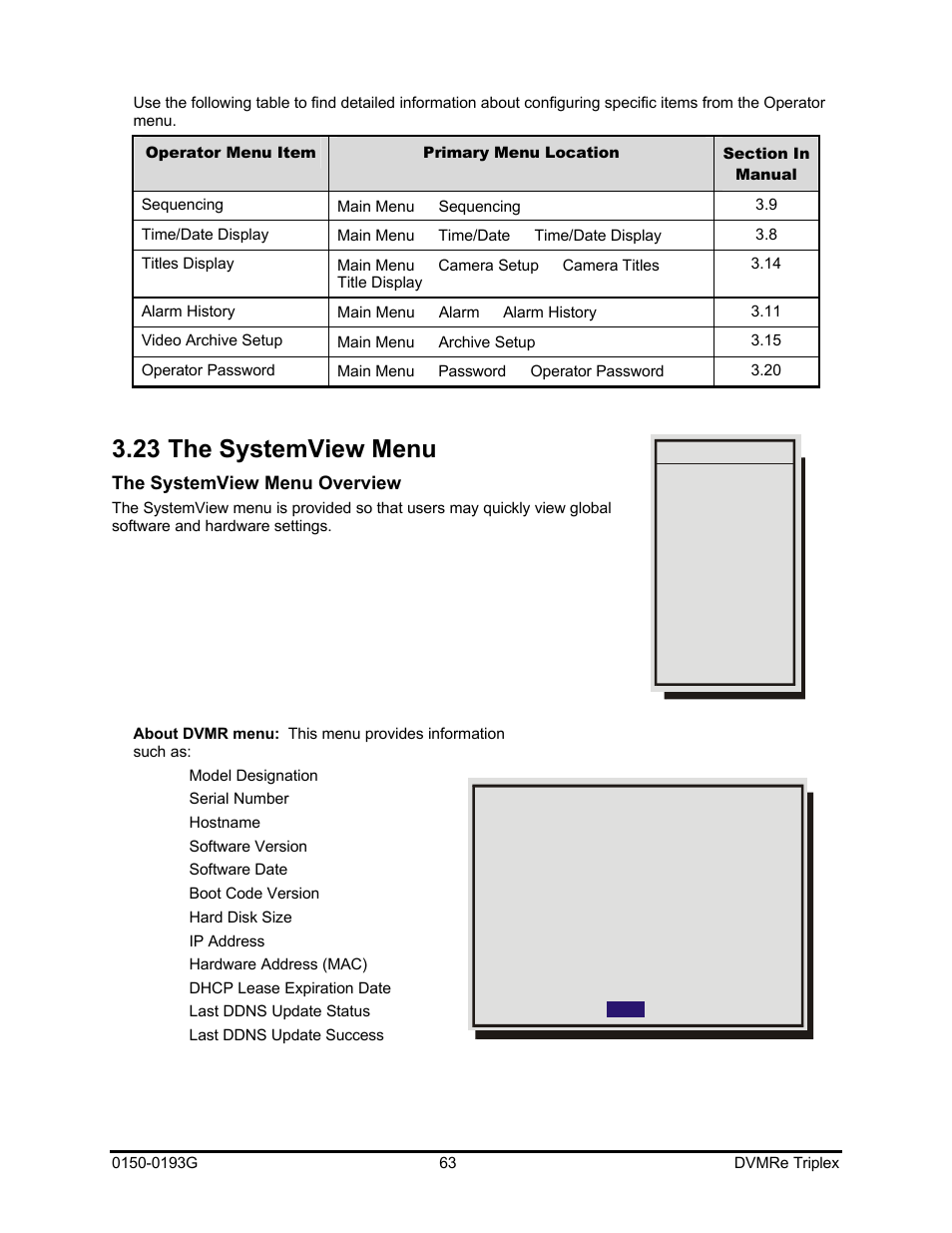 23 the systemview menu, The systemview menu overview | GE Security DVMRe Triplex 0150-0193G User Manual | Page 63 / 94