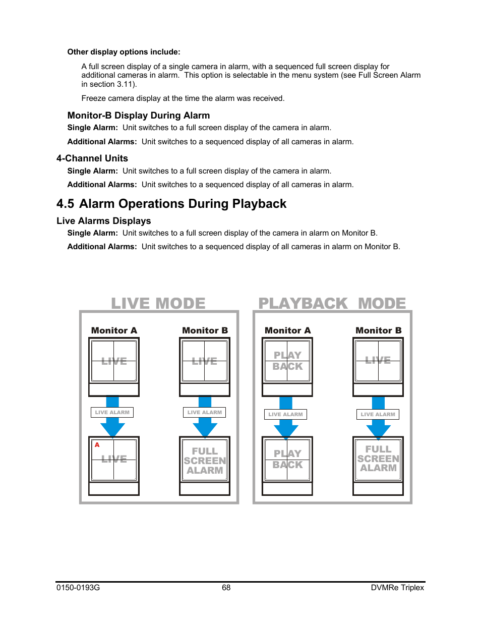 Live mode playback mode, 5 alarm operations during playback | GE Security DVMRe Triplex 0150-0193G User Manual | Page 68 / 94