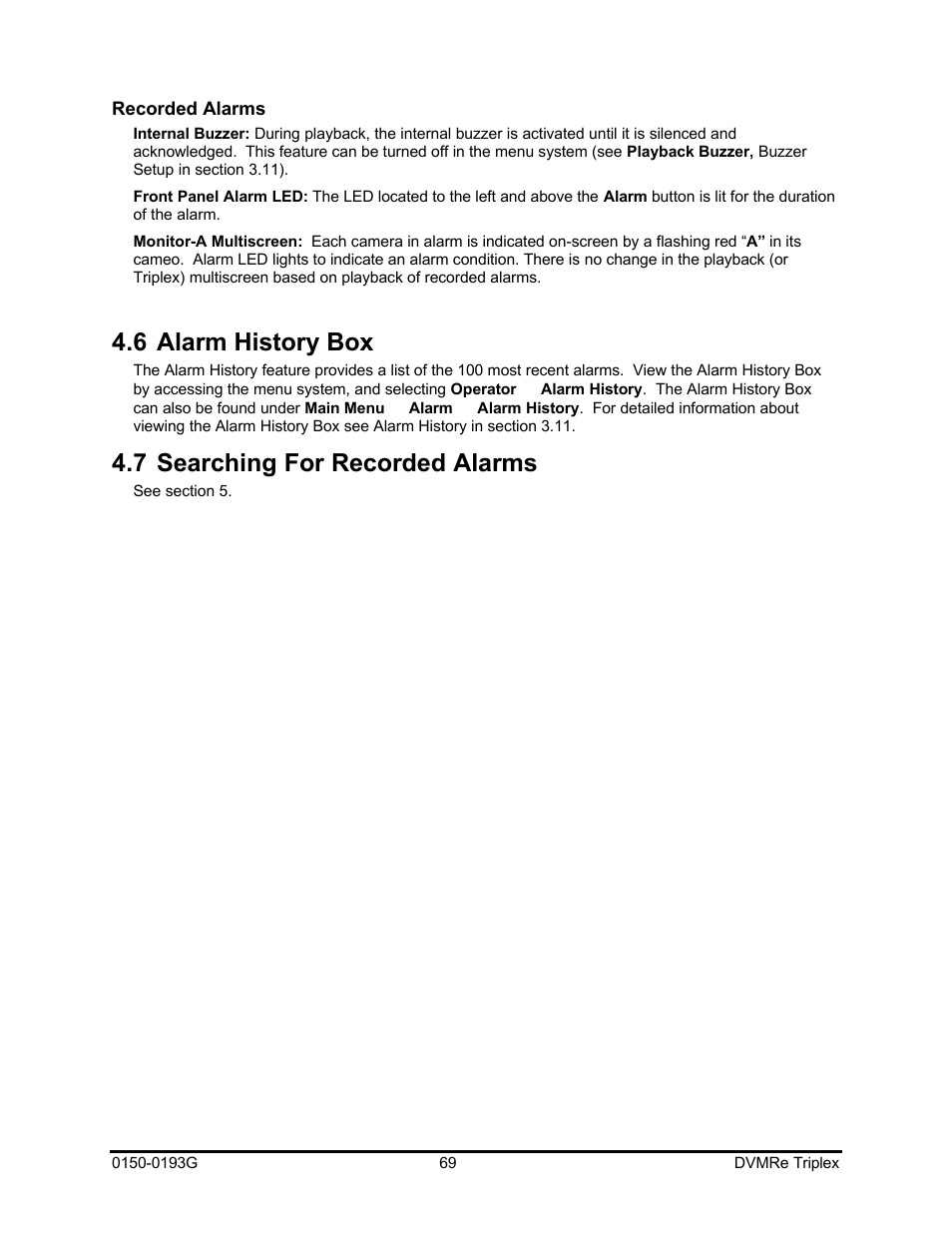 6 alarm history box, 7 searching for recorded alarms | GE Security DVMRe Triplex 0150-0193G User Manual | Page 69 / 94