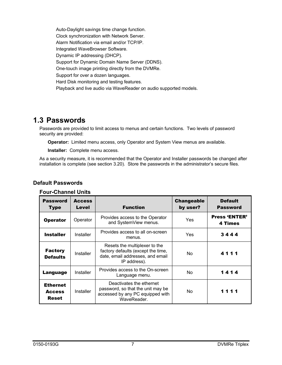 3 passwords | GE Security DVMRe Triplex 0150-0193G User Manual | Page 7 / 94