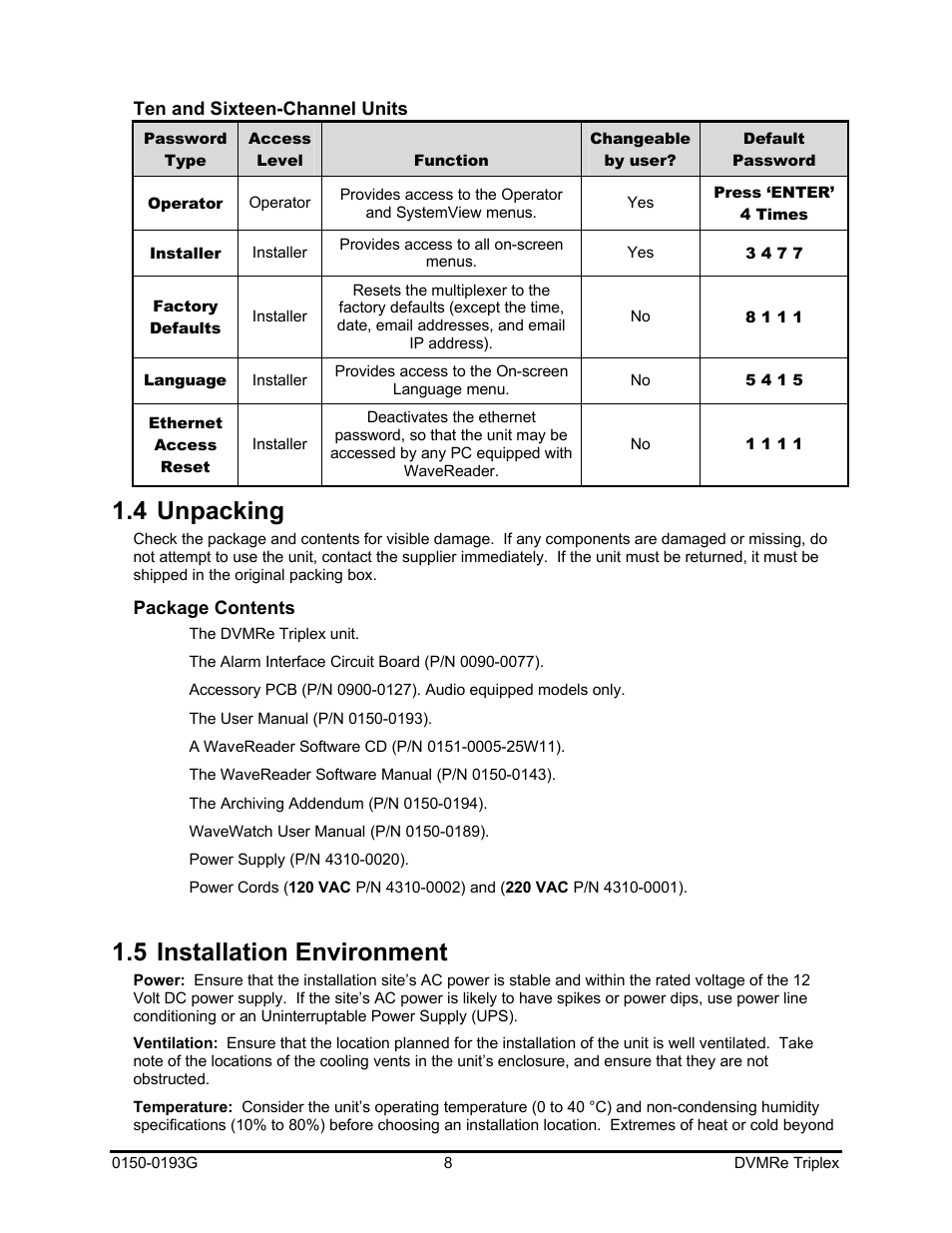 4 unpacking, 5 installation environment | GE Security DVMRe Triplex 0150-0193G User Manual | Page 8 / 94