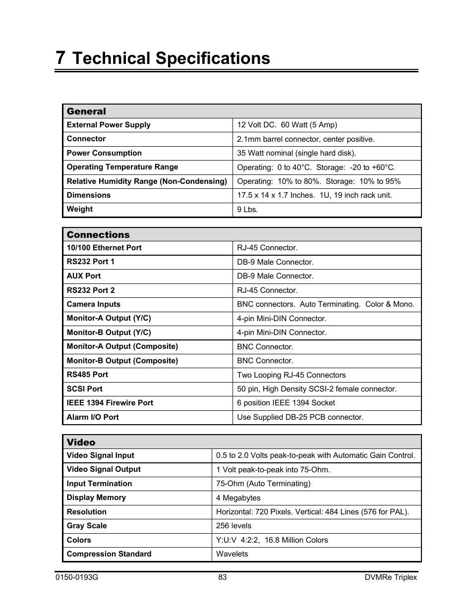 Technical specifications | GE Security DVMRe Triplex 0150-0193G User Manual | Page 83 / 94