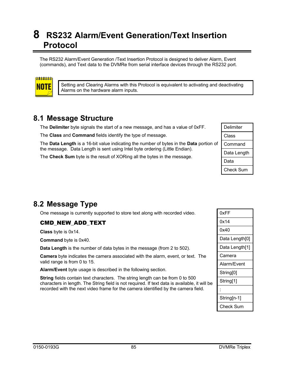 Rs232, Alarm/event generation/text insertion protocol, 1 message structure | 2 message type | GE Security DVMRe Triplex 0150-0193G User Manual | Page 85 / 94