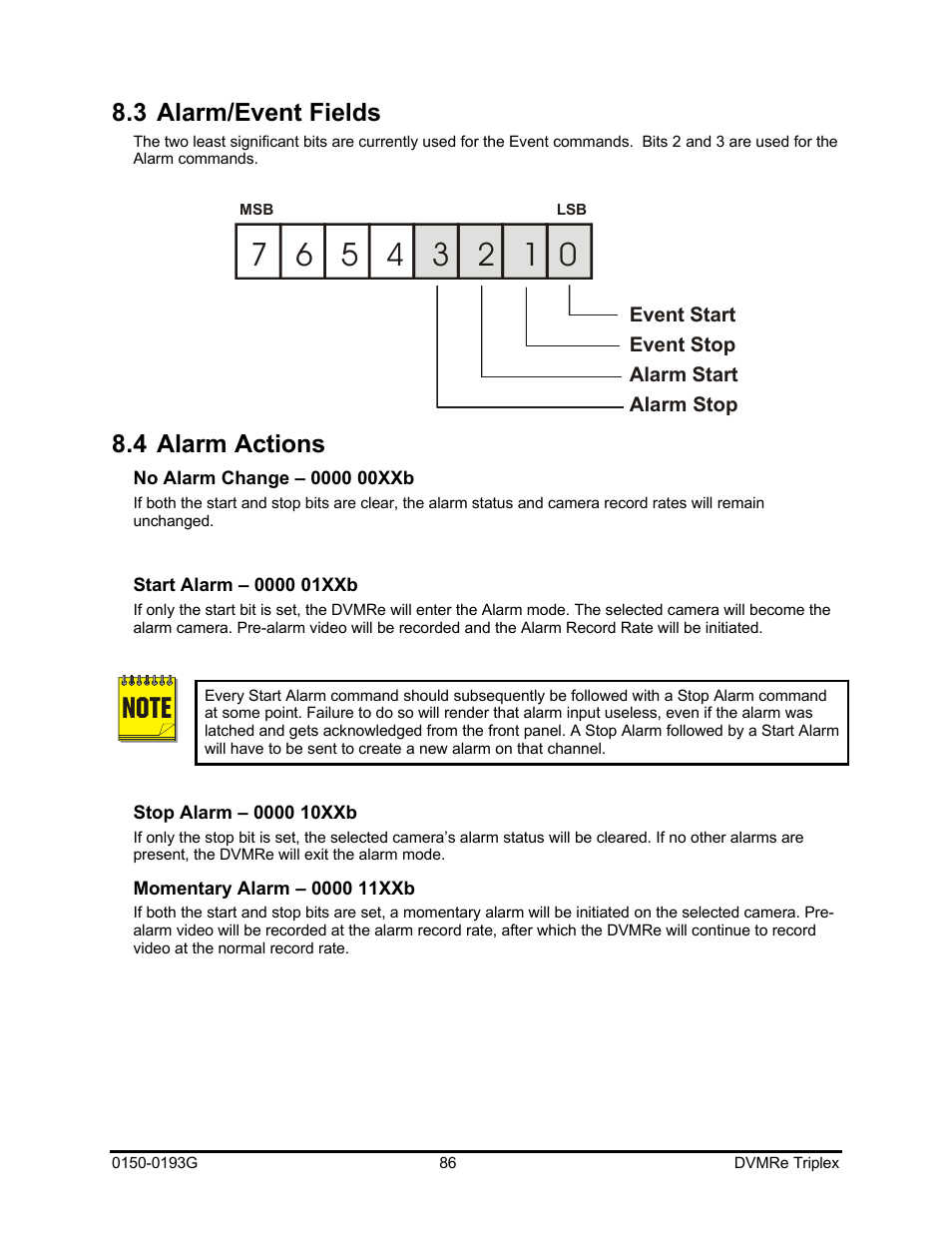 3 alarm/event fields, 4 alarm actions | GE Security DVMRe Triplex 0150-0193G User Manual | Page 86 / 94