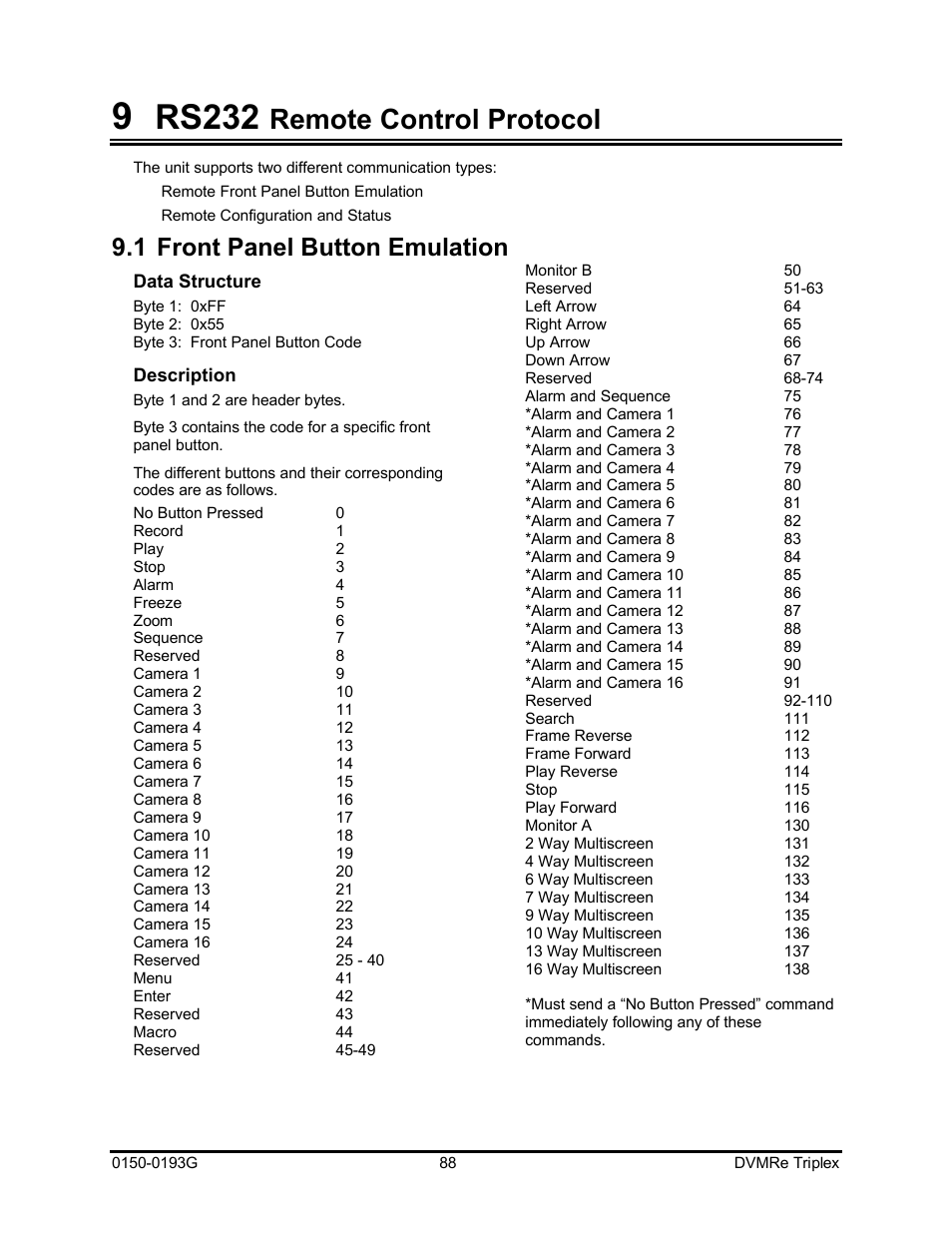 Rs232, Remote control protocol, 1 front panel button emulation | GE Security DVMRe Triplex 0150-0193G User Manual | Page 88 / 94