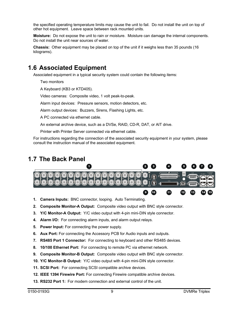 6 associated equipment, 7 the back panel | GE Security DVMRe Triplex 0150-0193G User Manual | Page 9 / 94