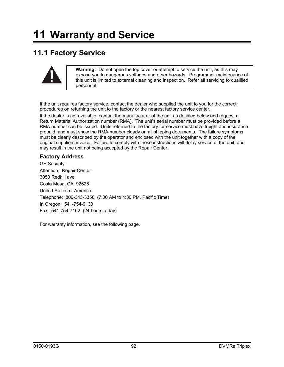 Warranty and service, 1 factory service | GE Security DVMRe Triplex 0150-0193G User Manual | Page 92 / 94