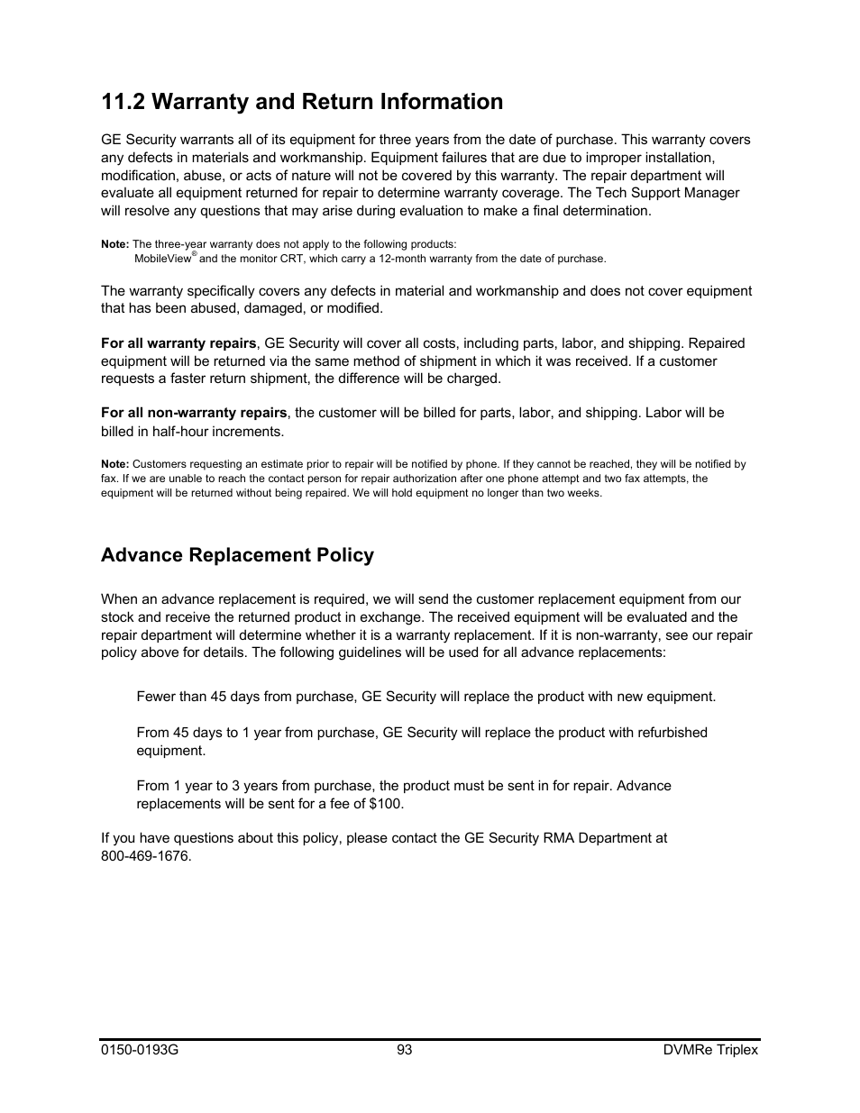 2 warranty and return information, Advance replacement policy | GE Security DVMRe Triplex 0150-0193G User Manual | Page 93 / 94