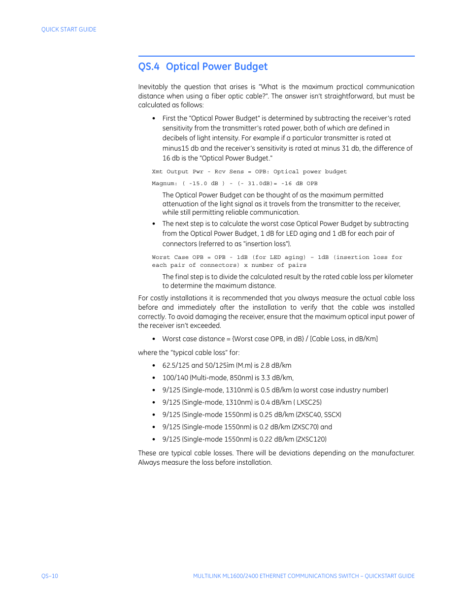 Qs.4 optical power budget | GE ML2400 User Manual | Page 14 / 62