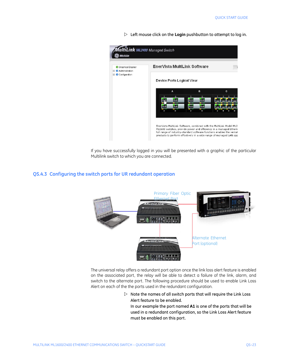 Onfiguring, Switch, Ports | Redundant, Operation, Qs-23 | GE ML2400 User Manual | Page 27 / 62