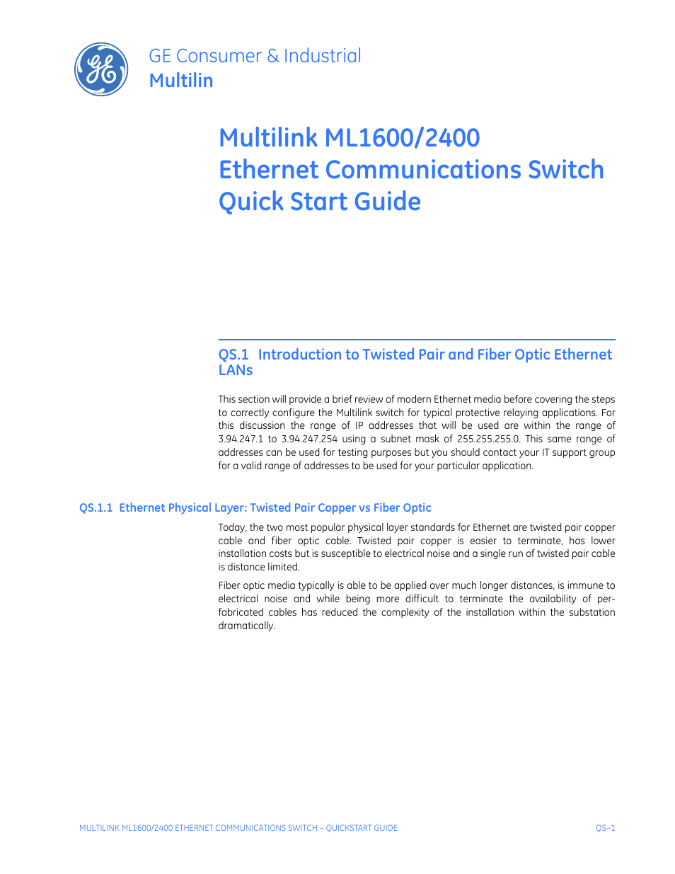 Quick start guide, Thernet, Hysical | Ayer, Wisted, Opper, Iber, Ptic, Qs-1, Ge consumer & industrial multilin | GE ML2400 User Manual | Page 5 / 62