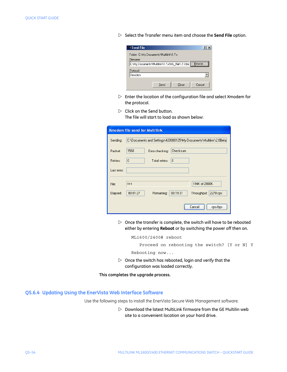 Pdating, Sing, Ista | Nterface, Oftware, Qs-54 | GE ML2400 User Manual | Page 58 / 62