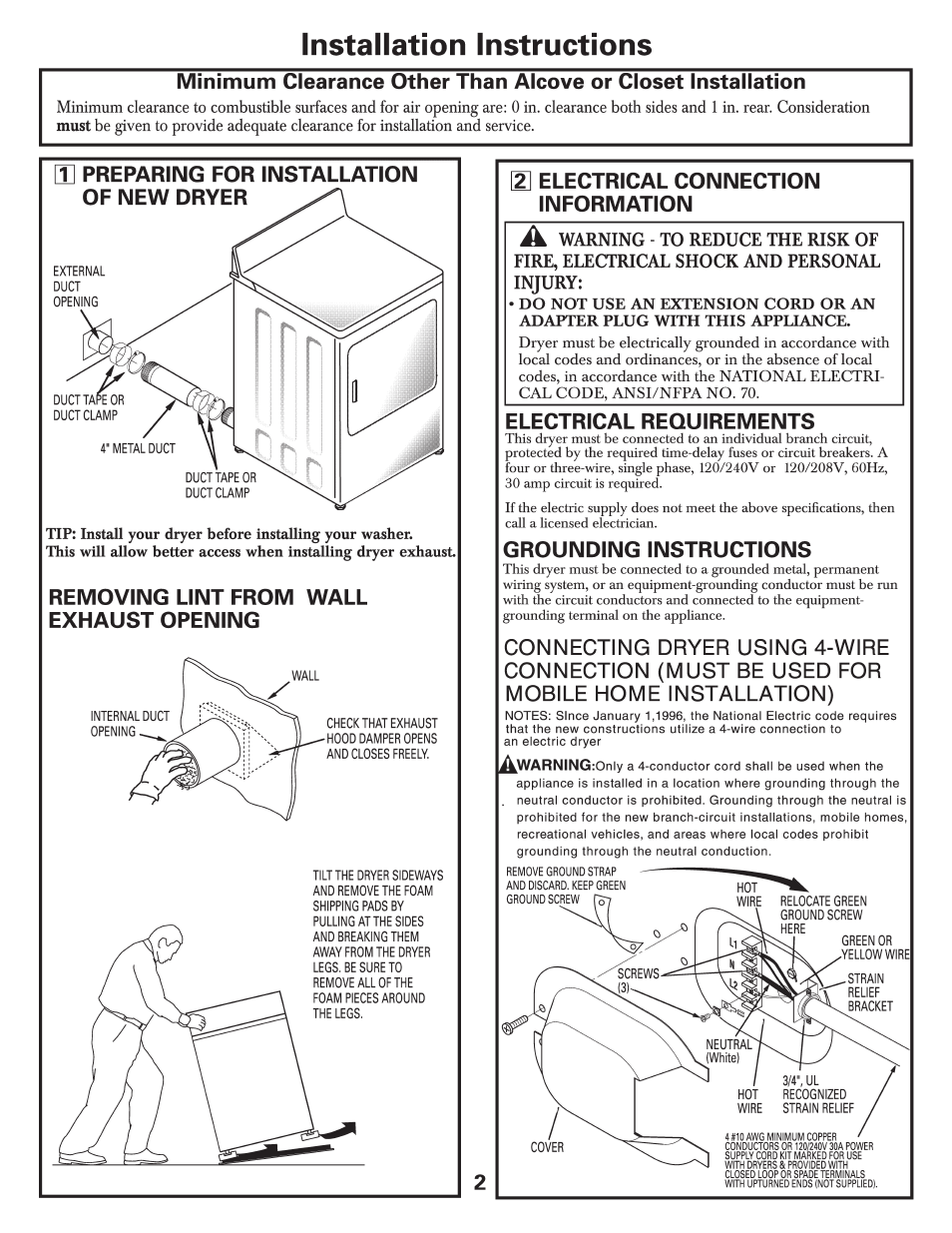 Installation instructions, Preparing for installation of new dryer, Removing lint from exhaust opening wall | Electrical connection information, Electrical requirements, Grounding instructions | GE 500A187P044 User Manual | Page 2 / 8