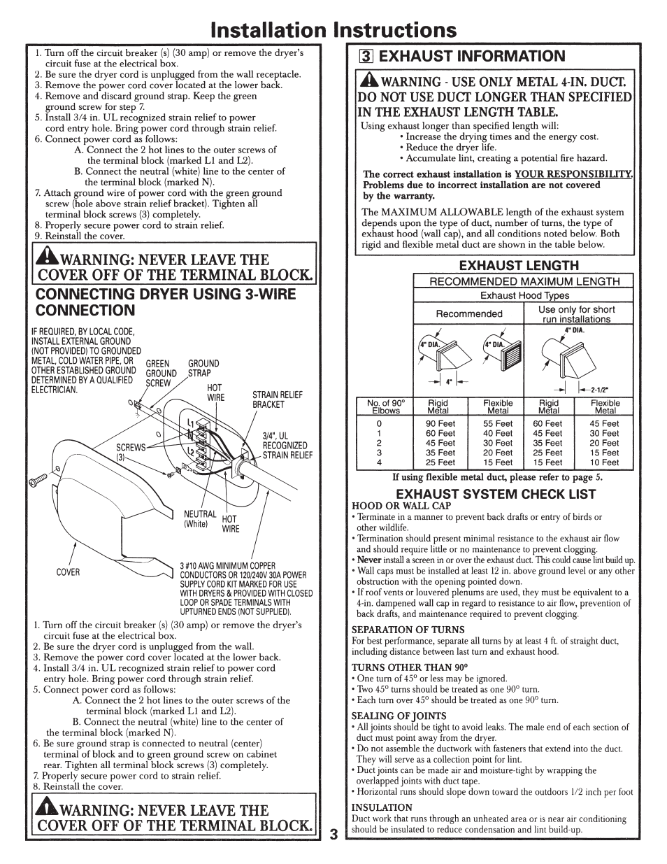 Connecting dryer using 3-wire connection, Exhaust information, Installation instructions | Arning, Leave the cover off of the terminal block, Exhaust length, Exhaust system check list | GE 500A187P044 User Manual | Page 3 / 8