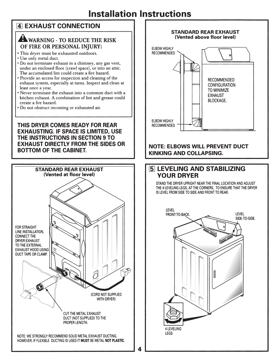 A exhaust connection, Installation instructions | GE 500A187P044 User Manual | Page 4 / 8
