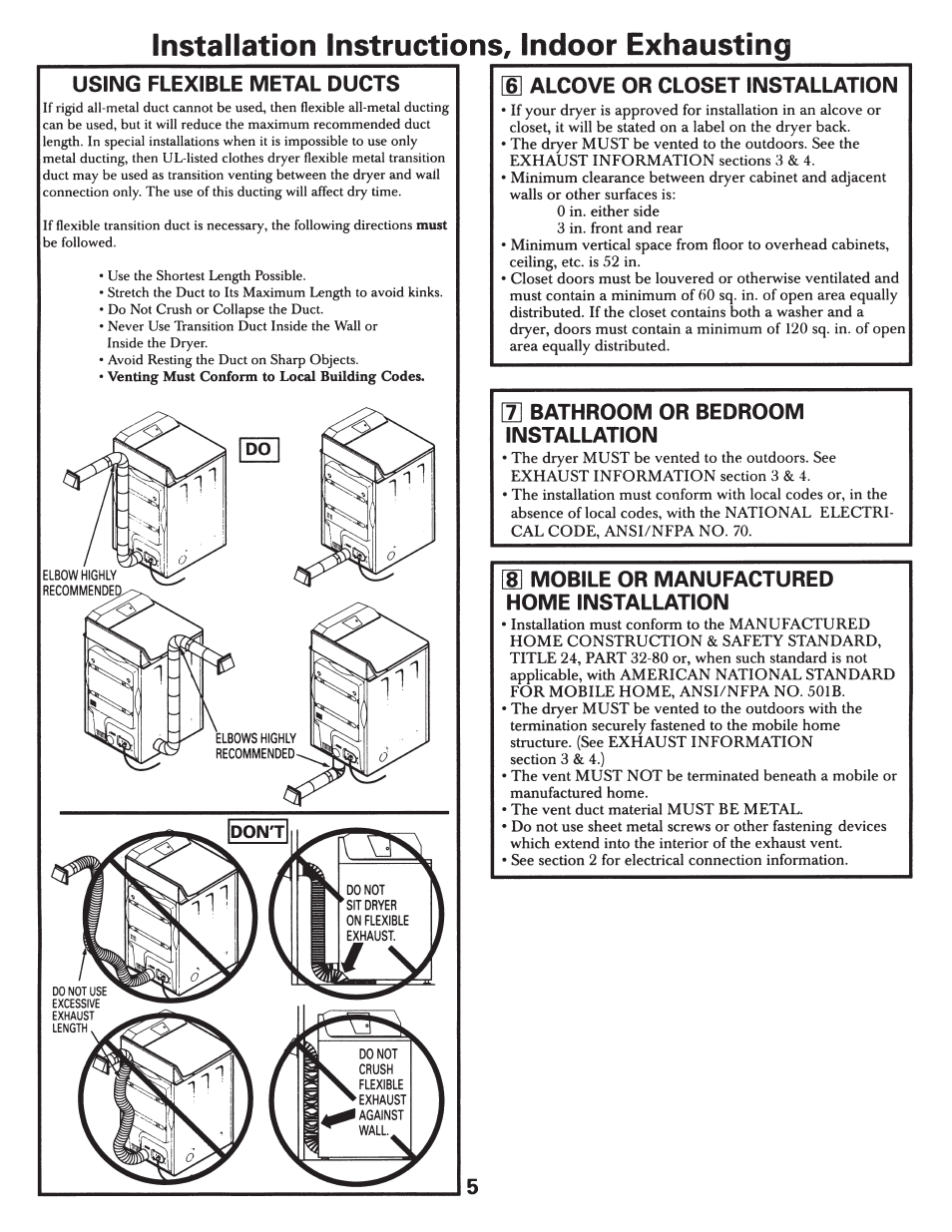 Using flexible metal ducts, 6] alcove or closet installation, M bathroom or bedroom installation | M mobile or manufactured home installation, Installation instructions, indoor exhausting, Bathroom or bedroom installation, Mobile or manufactured home installation | GE 500A187P044 User Manual | Page 5 / 8