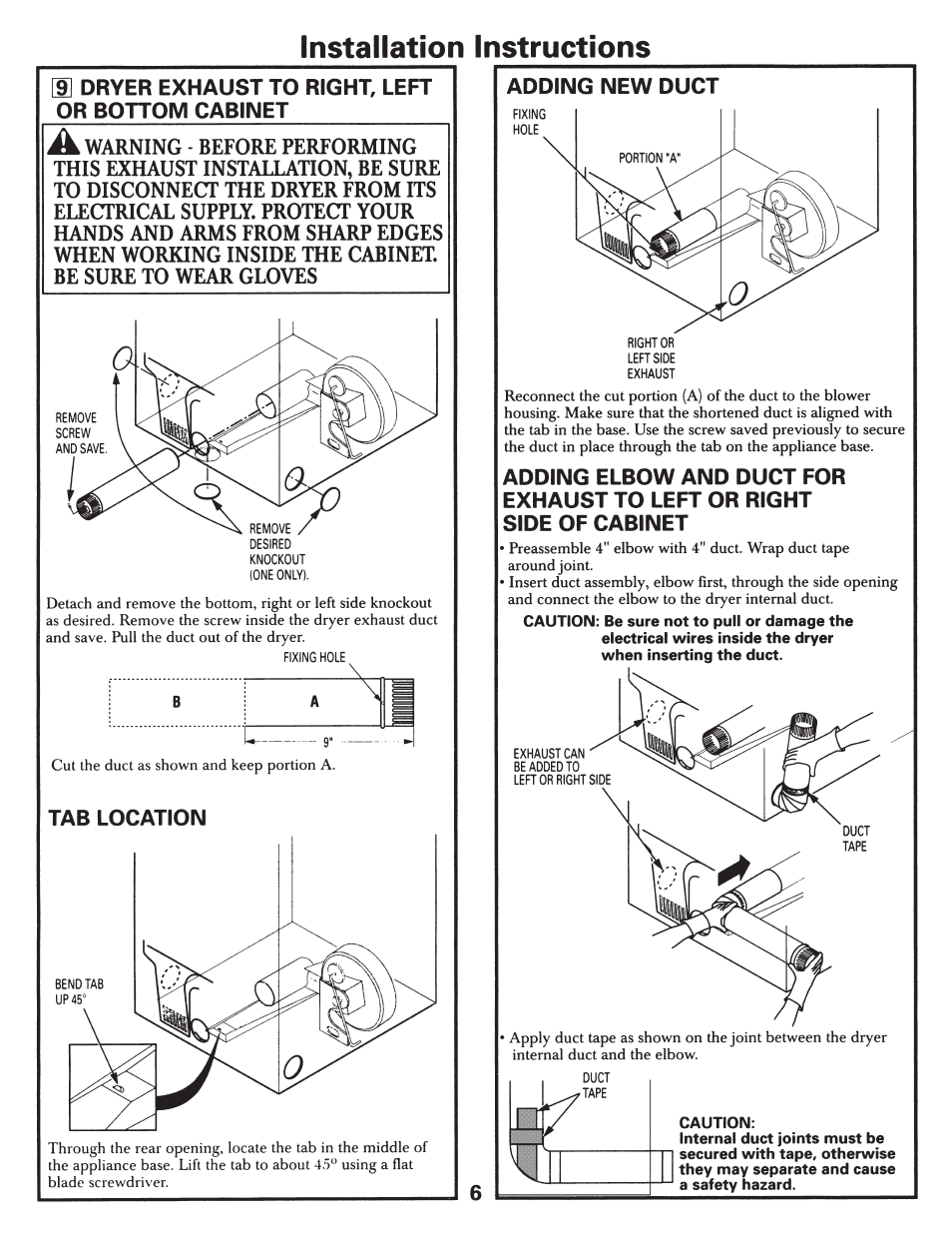 S dryer exhaust to right, left, Or bottom cabinet, Tab location | Adding new duct, Installation instructions | GE 500A187P044 User Manual | Page 6 / 8