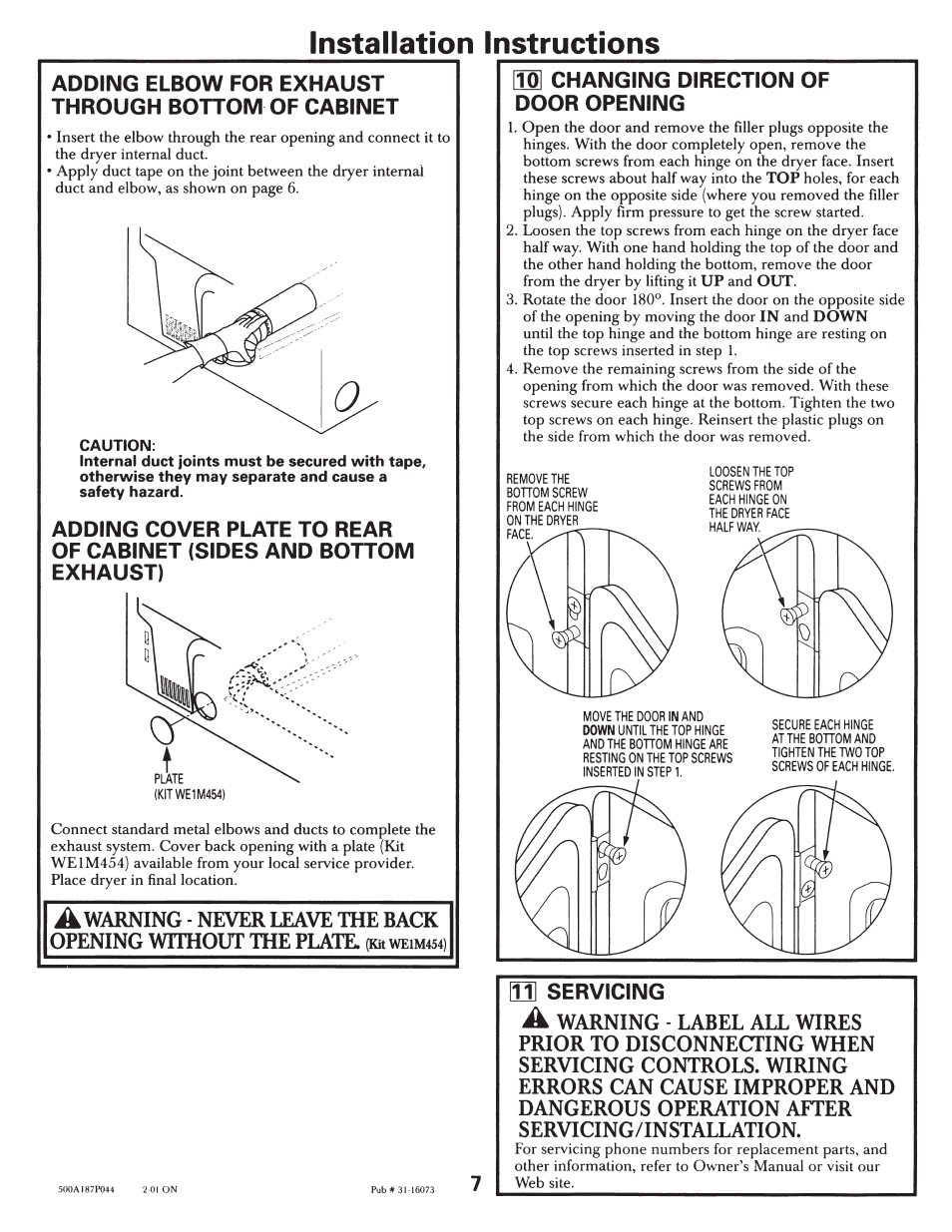 Adding elbow for exhaust through bottom of cabinet, M changing direction of door opening, M servicing | Installation instructions, Changing direction of door opening, Servicing | GE 500A187P044 User Manual | Page 7 / 8