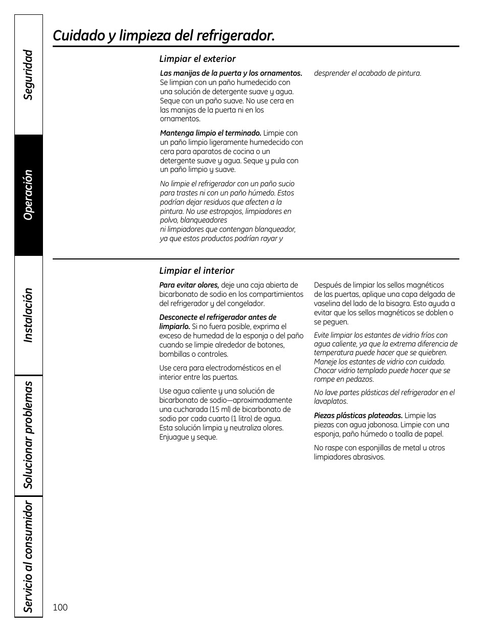 Cuidado y limpieza del refrigerador , 101, Cuidado y limpieza del refrigerador | GE 200D9366P019 User Manual | Page 100 / 136