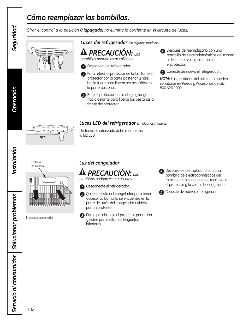 Cómo reemplazar las bombillas de luz, Precaución, Cómo reemplazar las bombillas | GE 200D9366P019 User Manual | Page 102 / 136