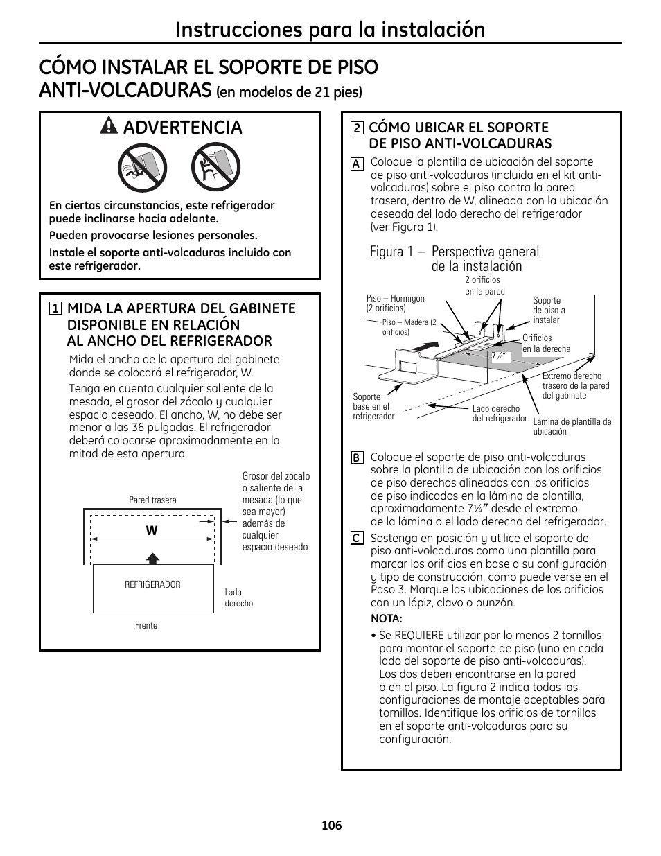 Advertencia, Cómo ubicar el soporte de piso anti-volcaduras, Figura 1 – perspectiva general de la instalación | En modelos de 21 pies) | GE 200D9366P019 User Manual | Page 106 / 136