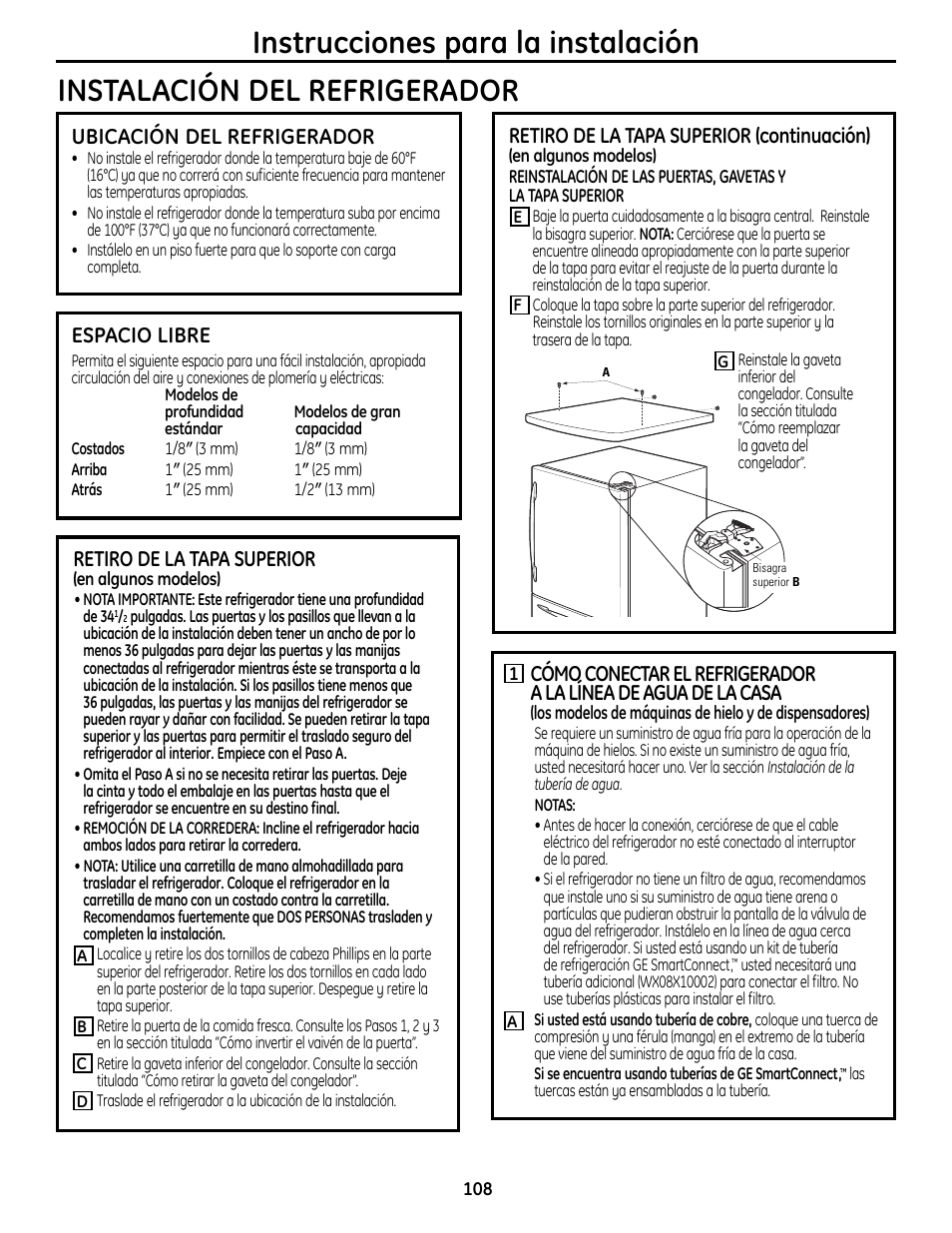 Instalación del refrigerador –112 preparación para, Ubicación del refrigerador, Espacio libre | Retiro de la tapa superior (continuación), Retiro de la tapa superior | GE 200D9366P019 User Manual | Page 108 / 136