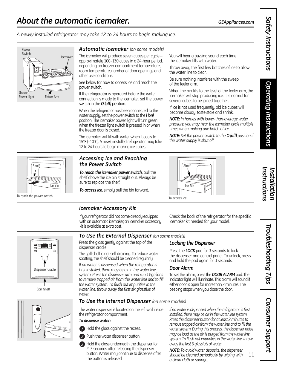 Automatic icemaker, Water dispenser, About the automatic icemaker | GE 200D9366P019 User Manual | Page 11 / 136
