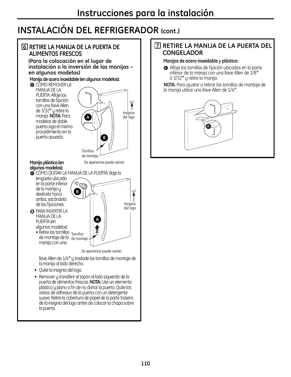 Instrucciones para la instalación, Instalación del refrigerador, Retire la manija de la puerta de alimentos frescos | Retire la manija de la puerta del congelador, Cont.) | GE 200D9366P019 User Manual | Page 110 / 136