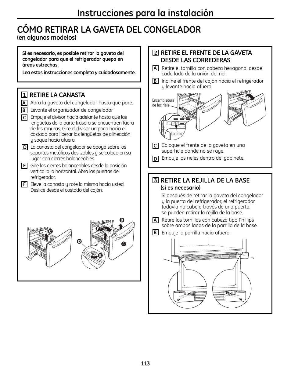 Cómo retirar la gaveta del congelador | GE 200D9366P019 User Manual | Page 113 / 136