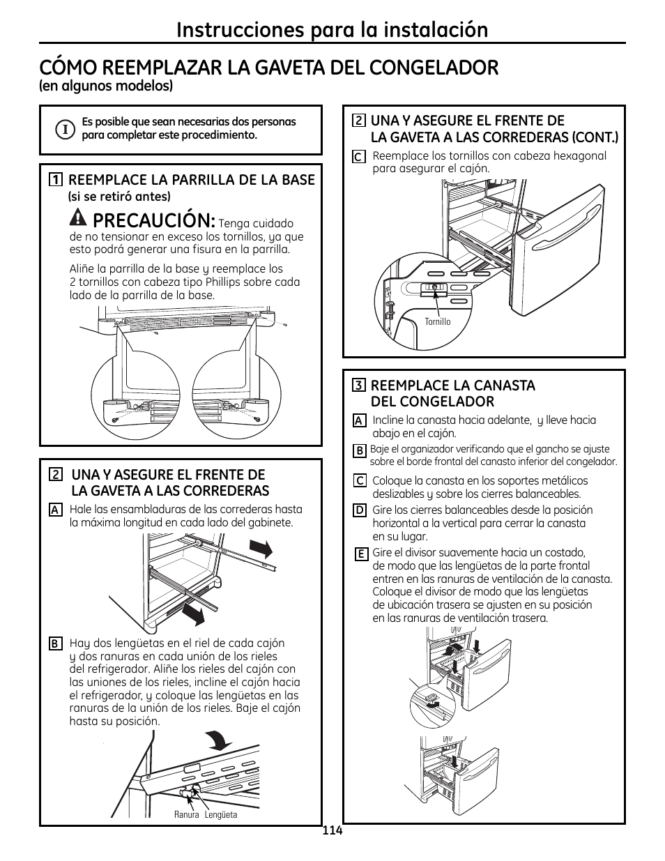 Cómo reemplazar la gaveta del congelador, Precaución | GE 200D9366P019 User Manual | Page 114 / 136