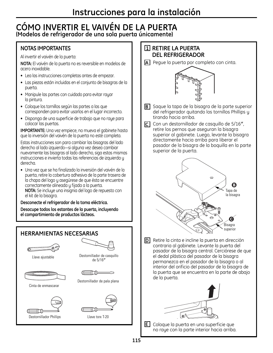 Herramientas necesarias, Retire la puerta del refrigerador | GE 200D9366P019 User Manual | Page 115 / 136