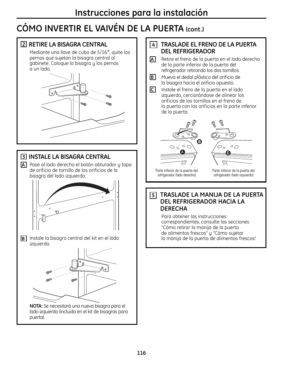Instrucciones para la instalación, Cómo invertir el vaivén de la puerta | GE 200D9366P019 User Manual | Page 116 / 136