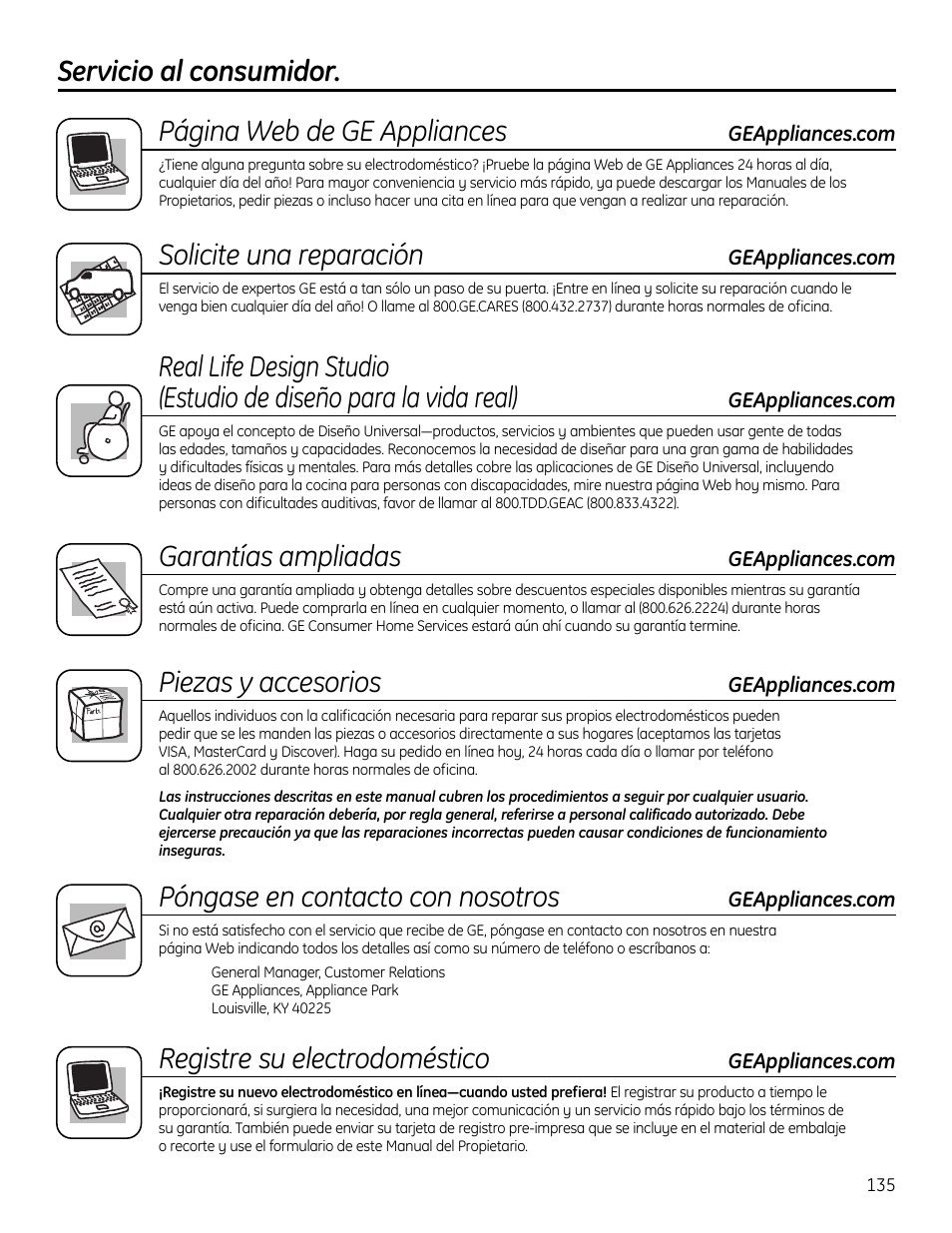 Servicio al consumidor, Solicite una reparación, Garantías ampliadas | Piezas y accesorios, Póngase en contacto con nosotros, Registre su electrodoméstico | GE 200D9366P019 User Manual | Page 135 / 136