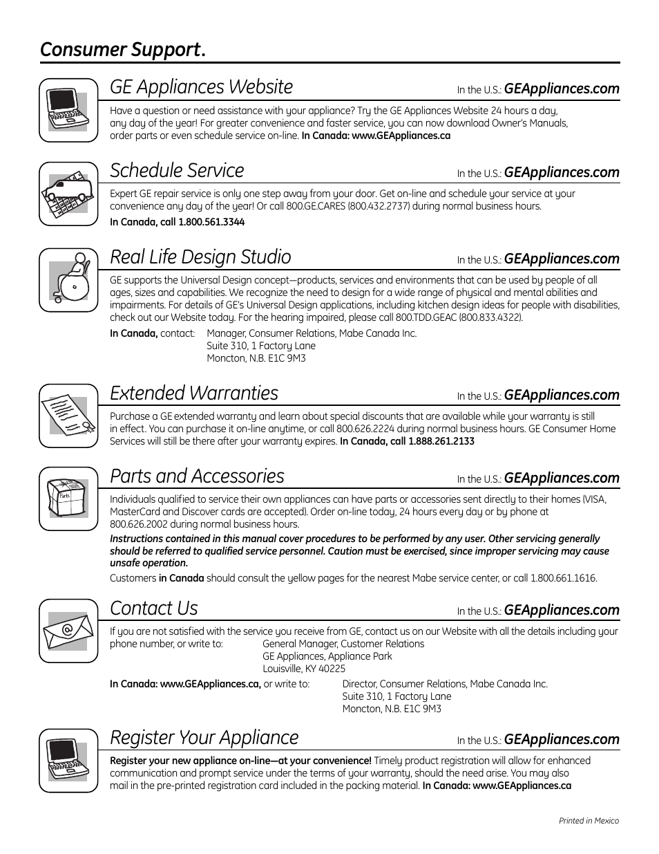 Consumer support. ge appliances website, Schedule service, Real life design studio | Extended warranties, Parts and accessories, Contact us, Register your appliance | GE 200D9366P019 User Manual | Page 136 / 136