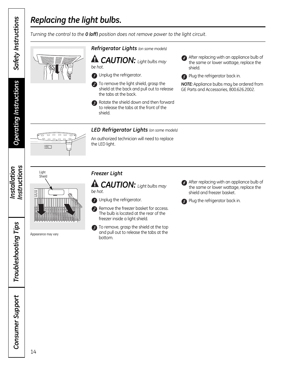 Replacing the light bulbs, Caution | GE 200D9366P019 User Manual | Page 14 / 136