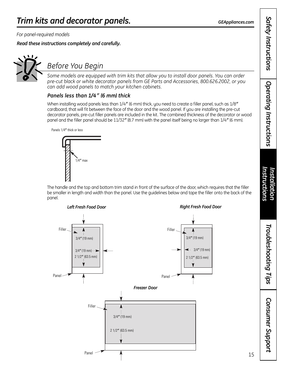 Trim kits and decorator panels , 16, Trim kits and decorator panels, Before you begin | GE 200D9366P019 User Manual | Page 15 / 136