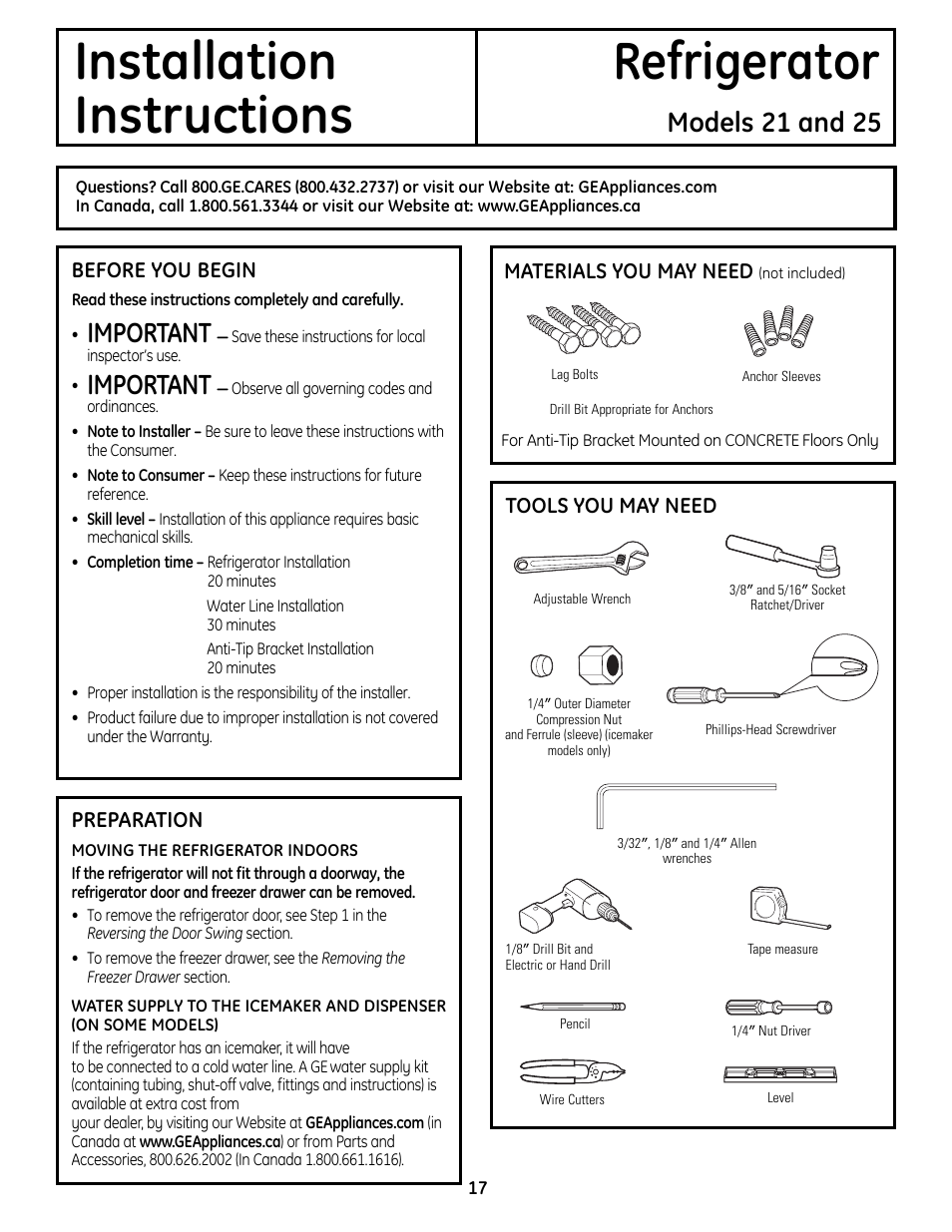 Preparing to install, The refrigerator, Installation refrigerator instructions | Models 21 and 25, Important | GE 200D9366P019 User Manual | Page 17 / 136