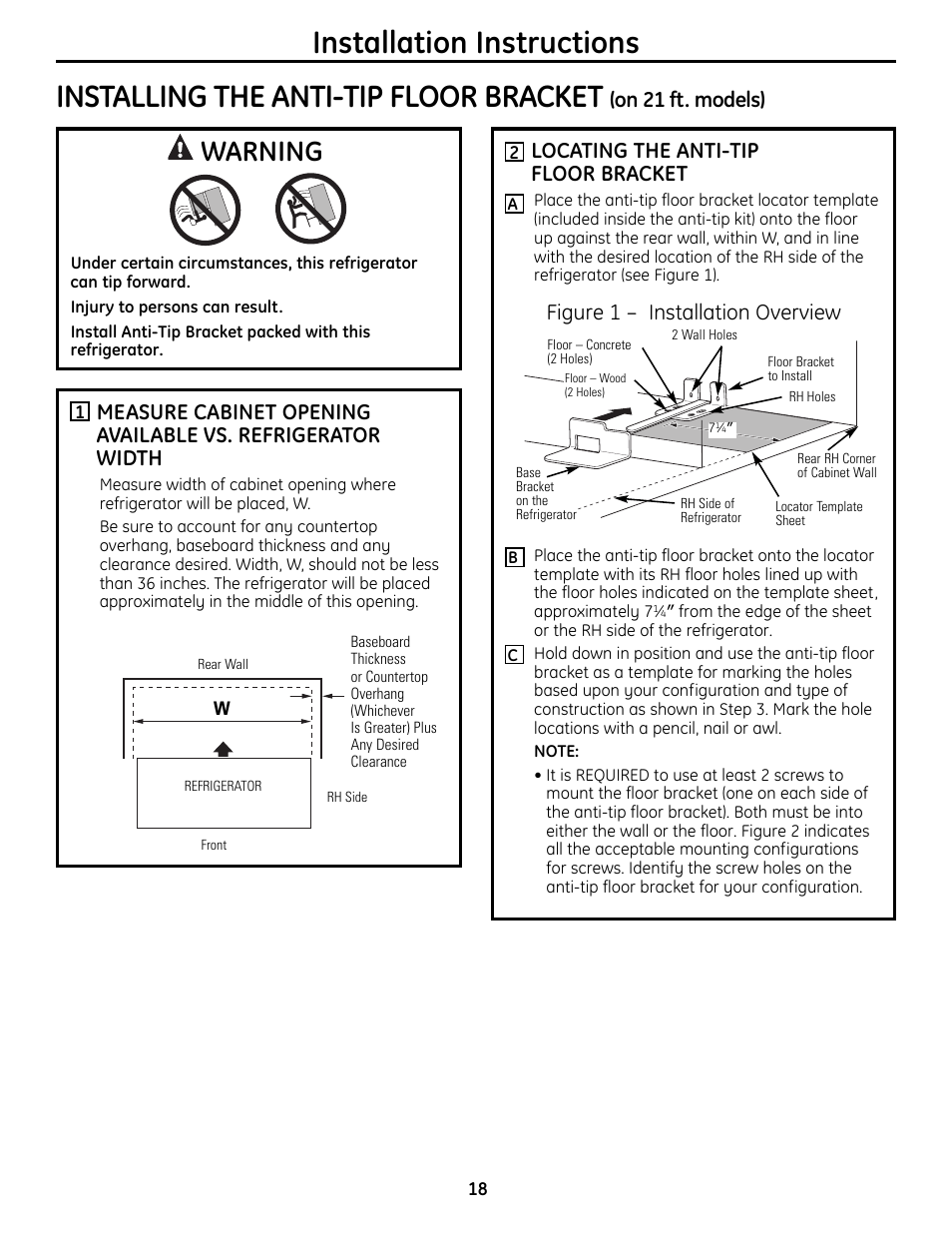 Installing the anti-tip, Floor bracket , 19, Warning | Locating the anti-tip floor bracket, Figure 1 – installation overview, On 21 ft. models) | GE 200D9366P019 User Manual | Page 18 / 136
