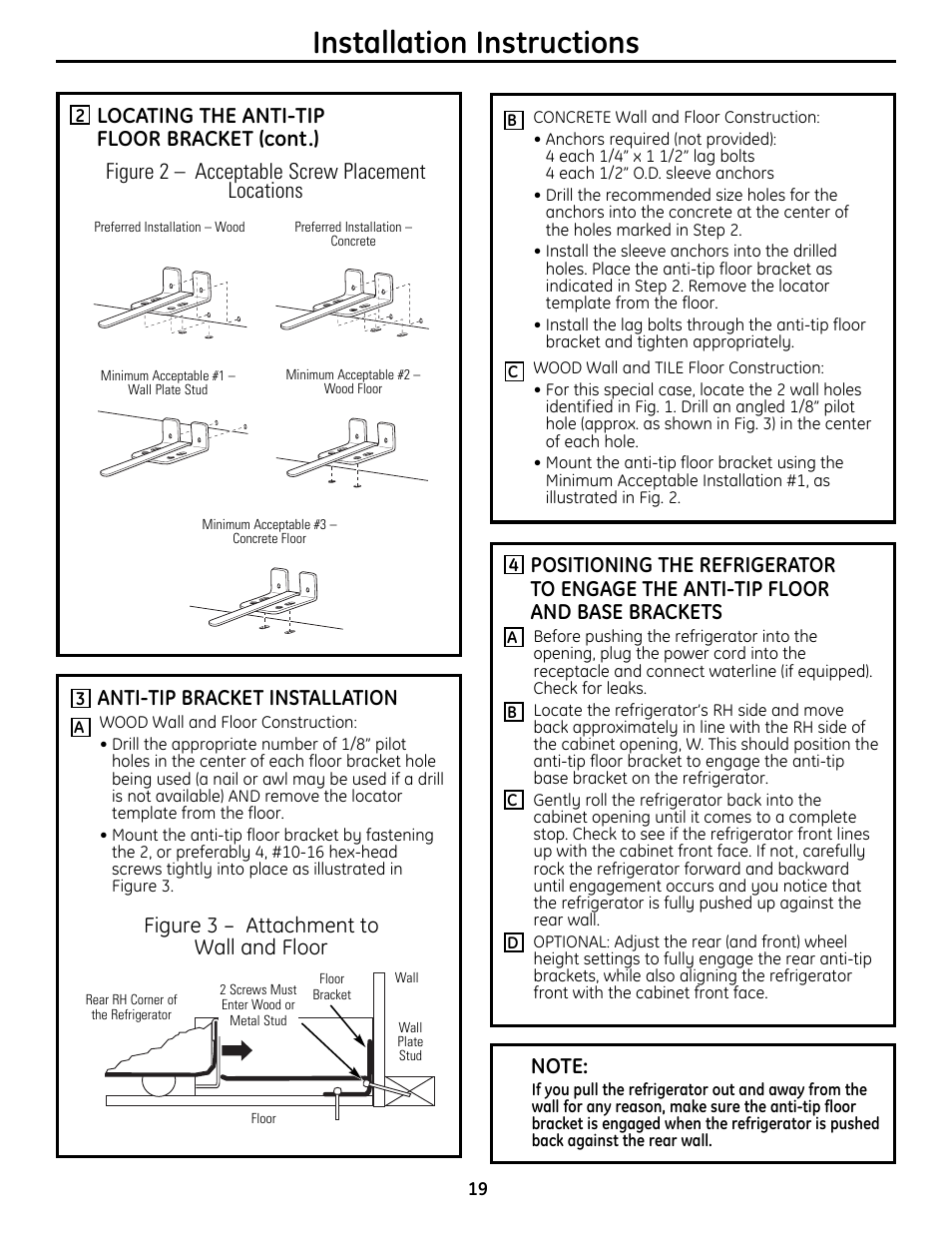 Installation instructions, Locating the anti-tip floor bracket (cont.), Figure 2 – acceptable screw placement locations | Anti-tip bracket installation | GE 200D9366P019 User Manual | Page 19 / 136