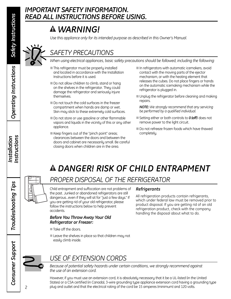 Safety instructions, Warning, Danger! risk of child entrapment | Safety precautions, Proper disposal of the refrigerator, Use of extension cords | GE 200D9366P019 User Manual | Page 2 / 136