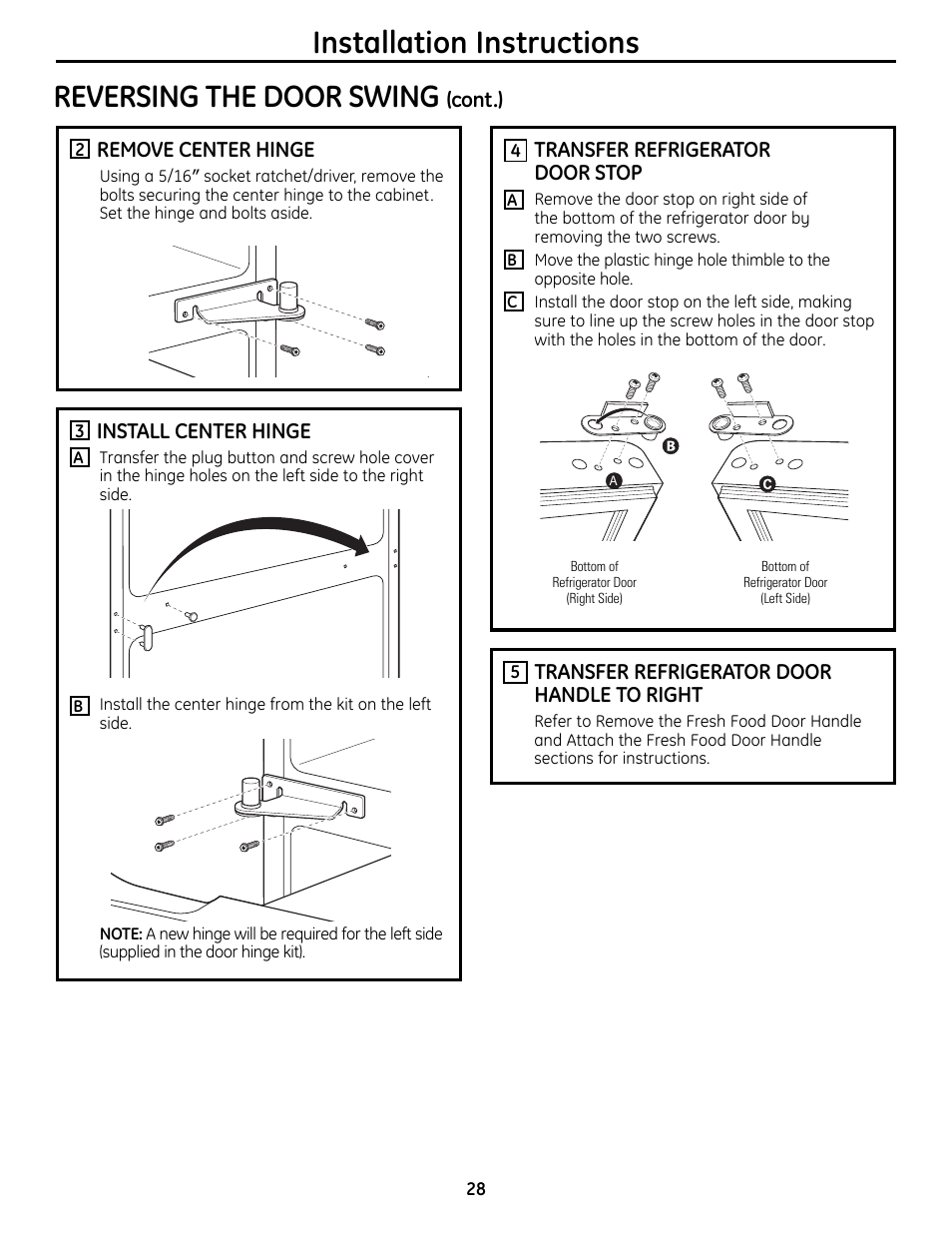 Installation instructions, Reversing the door swing | GE 200D9366P019 User Manual | Page 28 / 136
